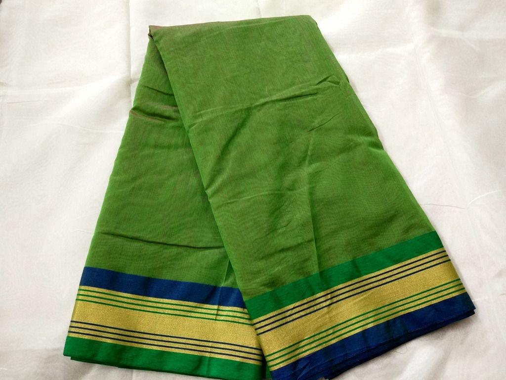Exclusive Mehndi Green Chanderi Cotton Silk Saree with Golden Blue Border CS42-Anvi Creations-Handloom