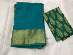 Exclusive Turquoise Chanderi Cotton Silk Saree Antique Zari Border CS45-Anvi Creations-Handloom