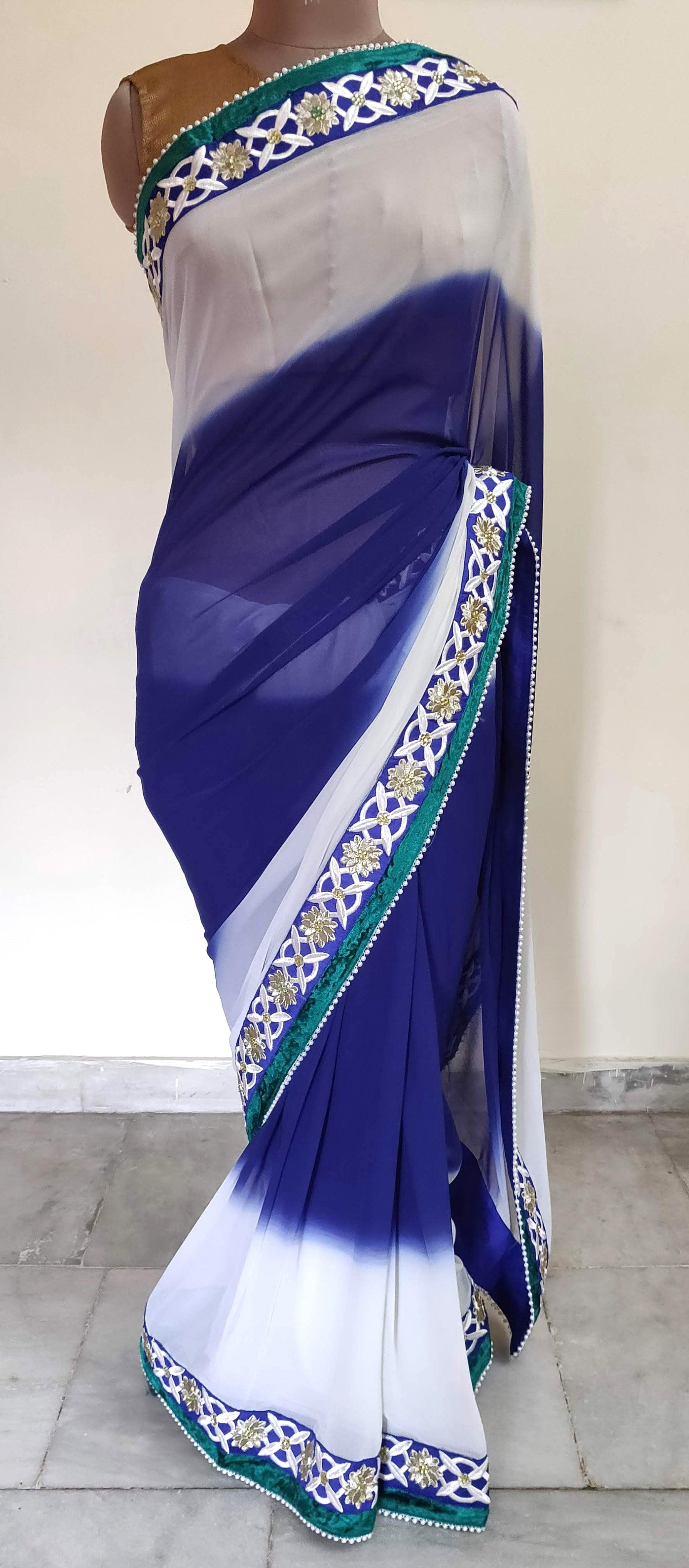 Blue White Georgette embroidered Saree CHR03a - Ethnic's By Anvi Creations