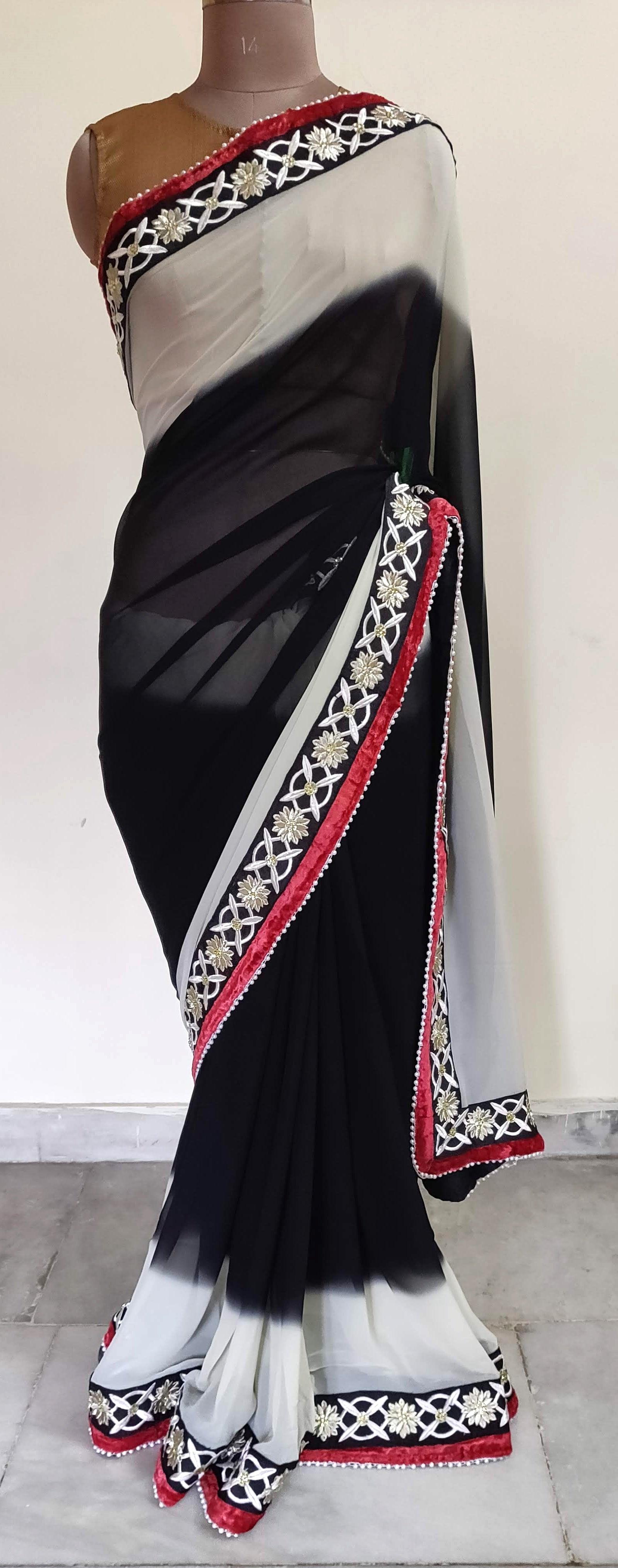 Black White Georgette embroidered Saree CHR03 - Ethnic's By Anvi Creations