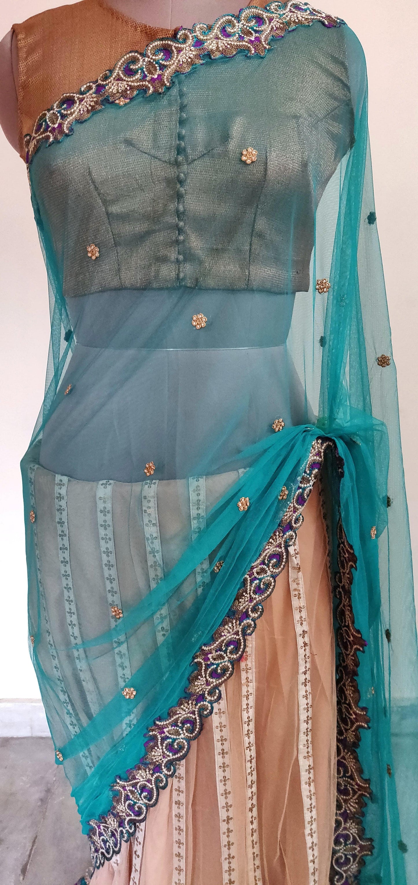 Beige Turquoise Net Lehenga Saree CH7112A-Anvi Creations-Designer Saree