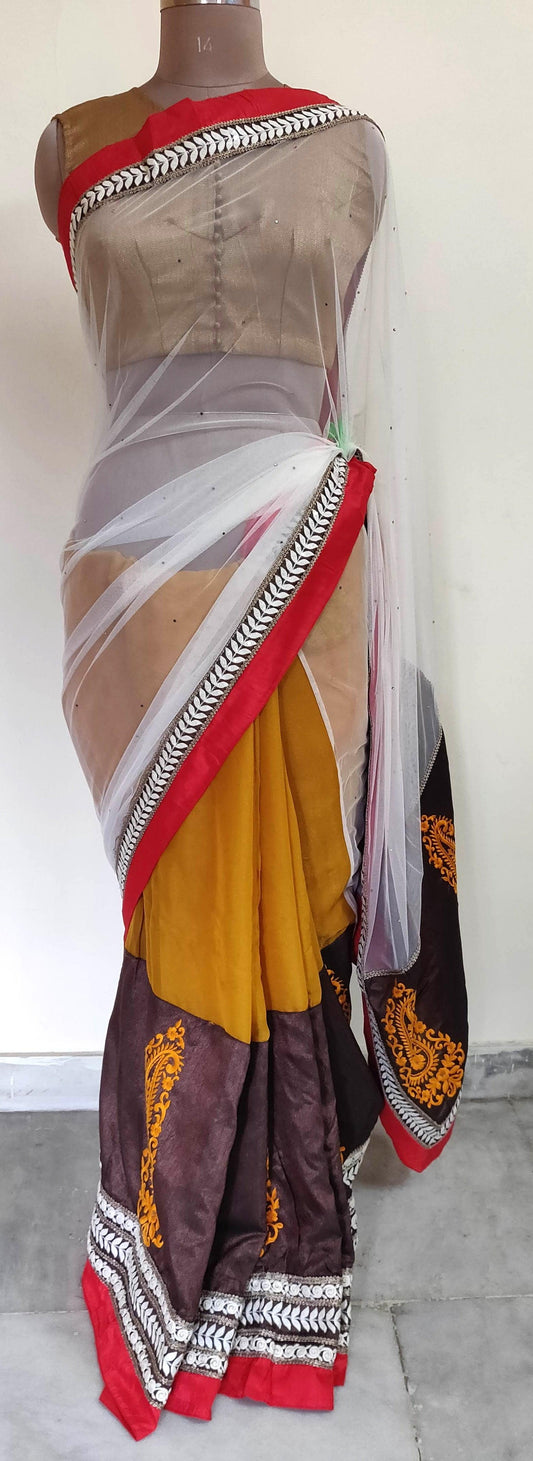 Off White Mustard Net Georgette embroidered Saree CHR13A - Ethnic's By Anvi Creations