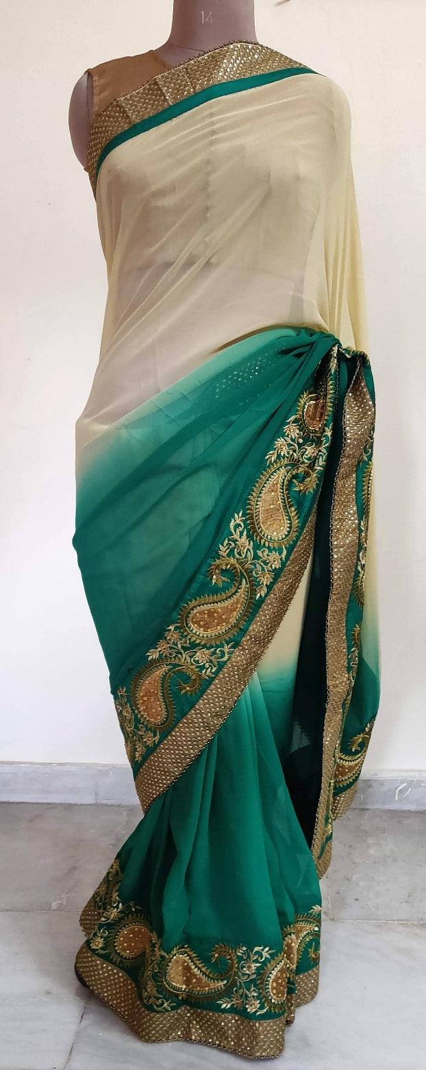 Beige Turquoise Georgette embroidered Saree CHR17A - Ethnic's By Anvi Creations