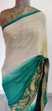 Load image into Gallery viewer, Beige Turquoise Georgette embroidered Saree CHR17A - Ethnic&#39;s By Anvi Creations