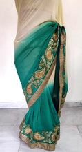 Load image into Gallery viewer, Beige Turquoise Georgette embroidered Saree CHR17A - Ethnic&#39;s By Anvi Creations