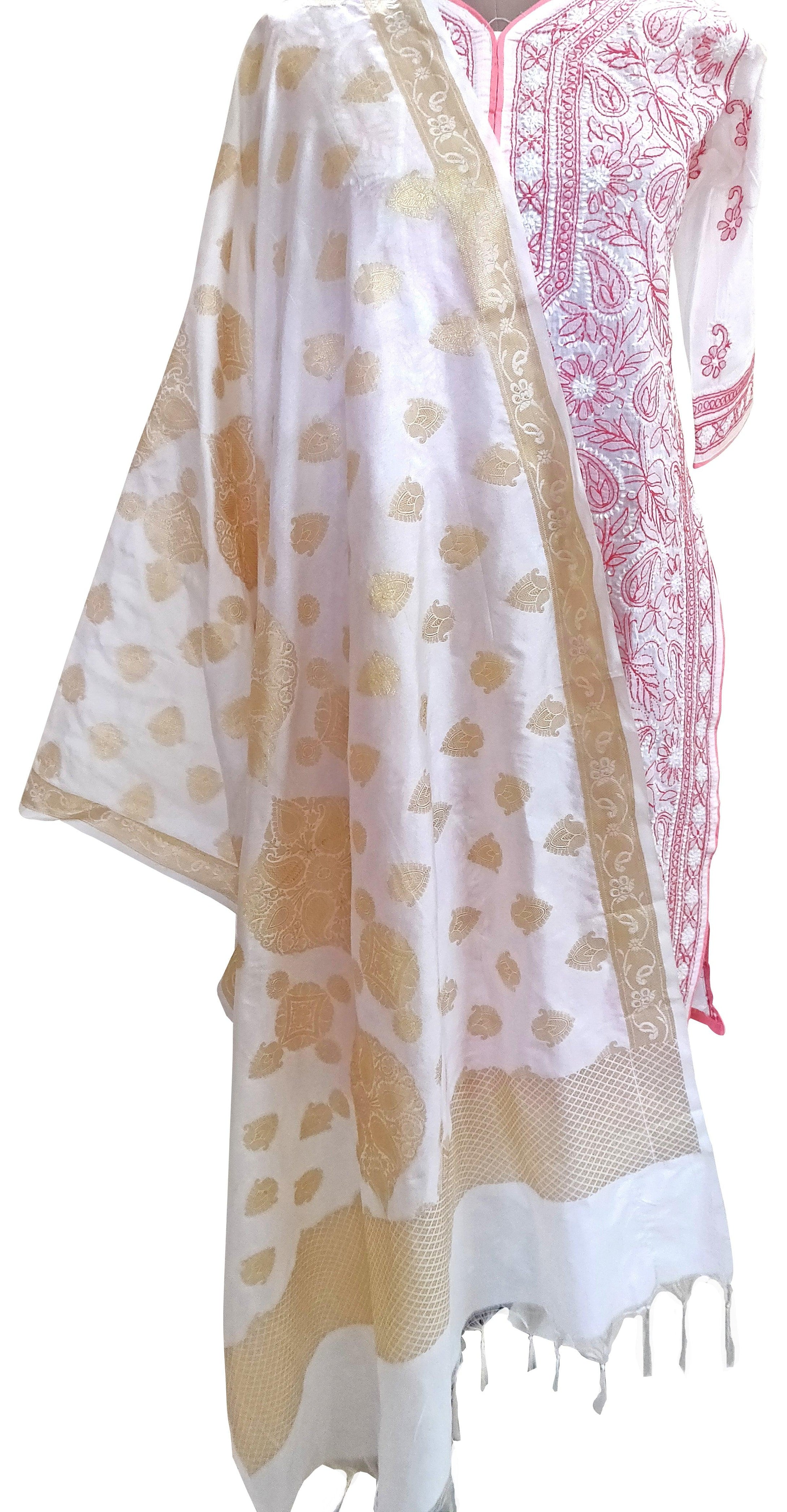 Designer White Dupion Silk Weaven Banarasi Dupatta DP24-Anvi Creations-