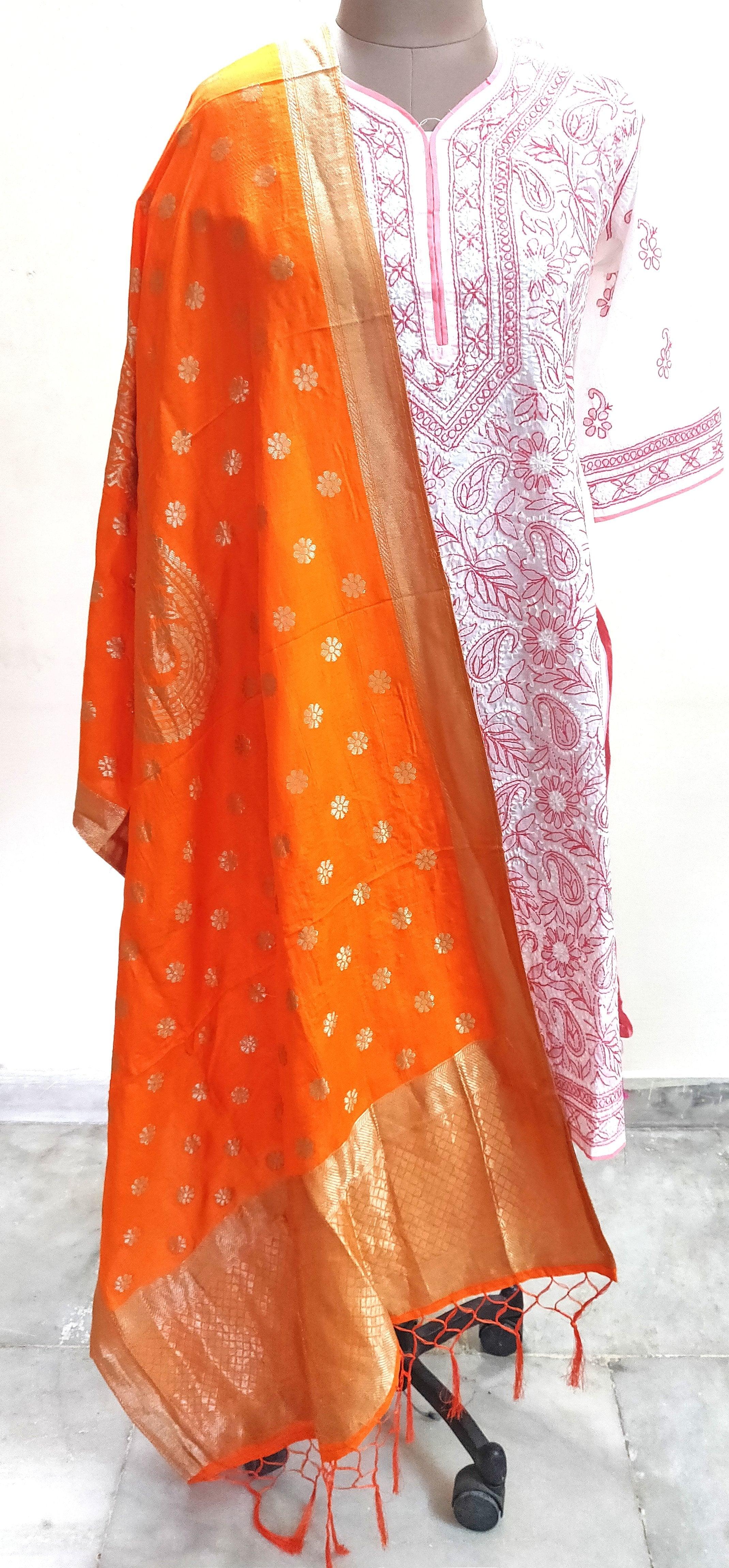 Designer Orange Dupion Silk Zari Weaven Banarasi Dupatta DP31-Anvi Creations-