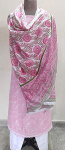 Designer Crochet Border Pink White Block Printed Mulmul Cotton Dupatta DP32-Anvi Creations-Block Printed Cotton Dupatta