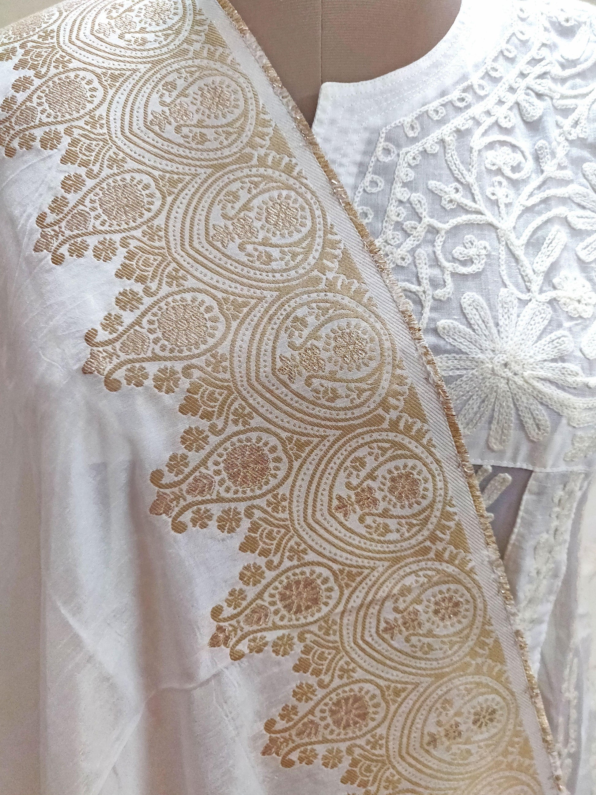Designer Zari Weave White Dupion Silk Dupatta Dupatta DP39-Anvi Creations-