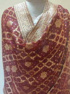 Designer Bandhej Bandhani Maroon Pure Georgette Zari Weaven Banarasi Dupatta DP43 - Ethnic's By Anvi Creations