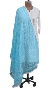 Designer Turquoise Chikankari Tepchi Work Chiffon Dupatta DP54 - Ethnic's By Anvi Creations