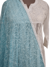 Load image into Gallery viewer, Designer Turquoise Chikankari Tepchi Work Chiffon Dupatta DP54 - Ethnic&#39;s By Anvi Creations