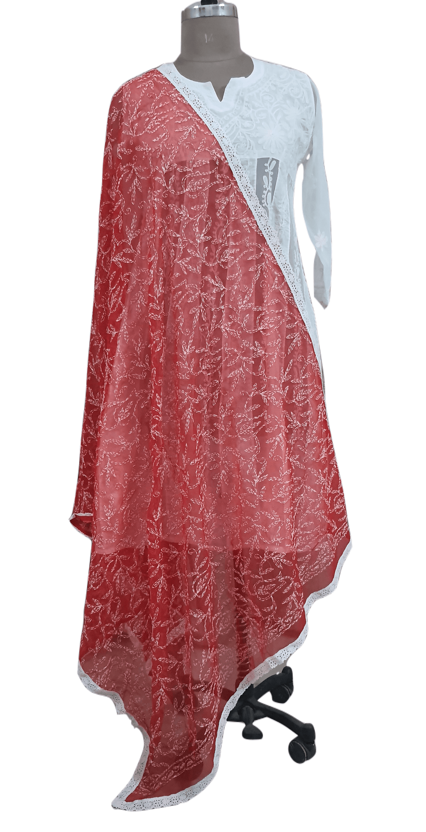 Designer Red Chikankari Tepchi Work Chiffon Dupatta DP59 - Ethnic's By Anvi Creations