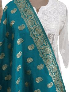 Dupion Art Silk Turquoise Zari Weaven Banarasi Dupatta DP68 - Ethnic's By Anvi Creations
