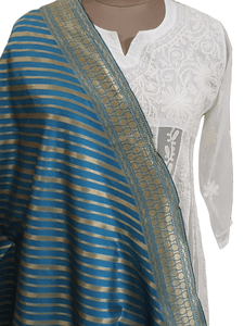 Dupion Art Silk Turquoise Zari Weaven Banarasi Dupatta DP69 - Ethnic's By Anvi Creations