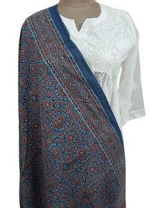 Indigo Blue Pure Ajrakh hand Block Printed Mulmul Cotton Dupatta DP80 - Ethnic's By Anvi Creations
