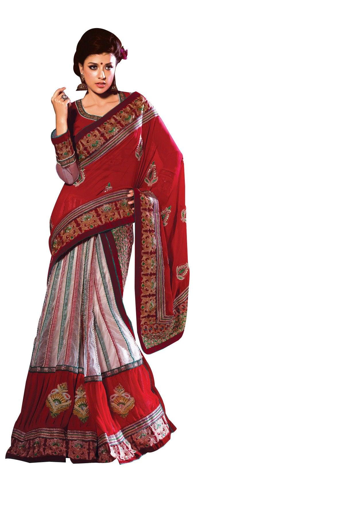 Red White Embroidered Georgette Net Lehenga Style Saree SC2122-Anvi Creations-Lehenga Saree