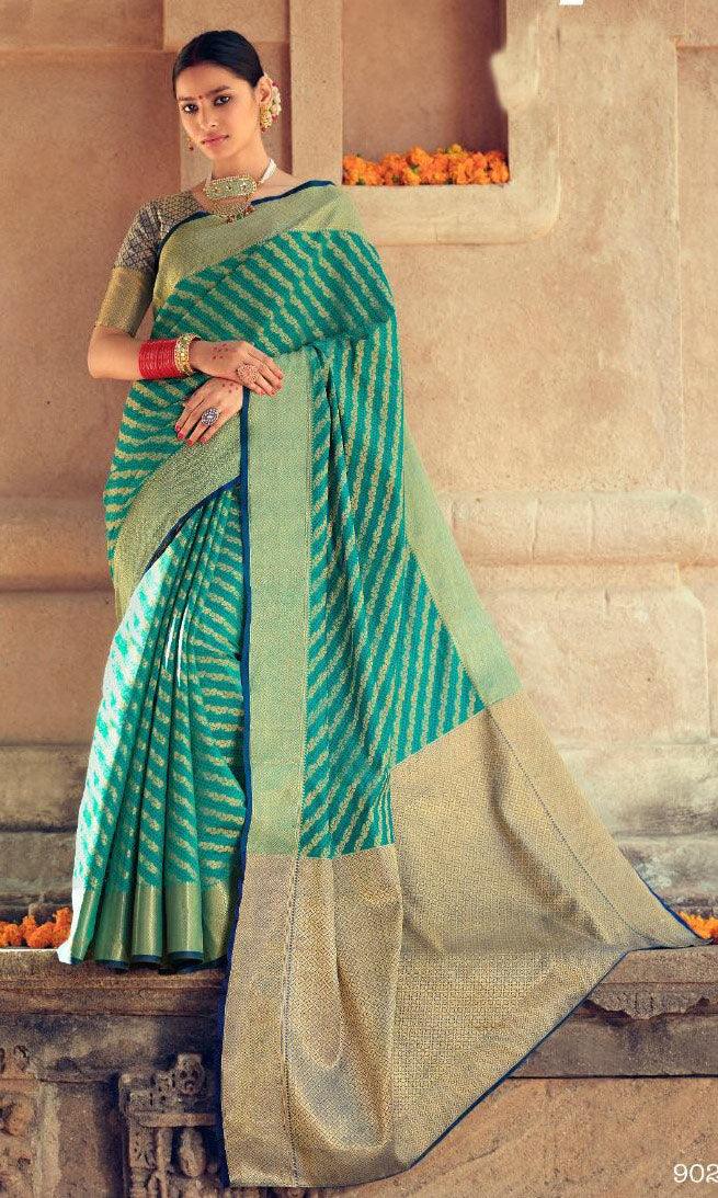 Designer Turquoise Lehariya Weave Dupion Silk Saree DK02 - Ethnic's By Anvi Creations