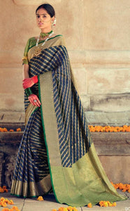 Designer Navy Blue Lehariya Weave Dupion Silk Saree DK04 - Ethnic's By Anvi Creations