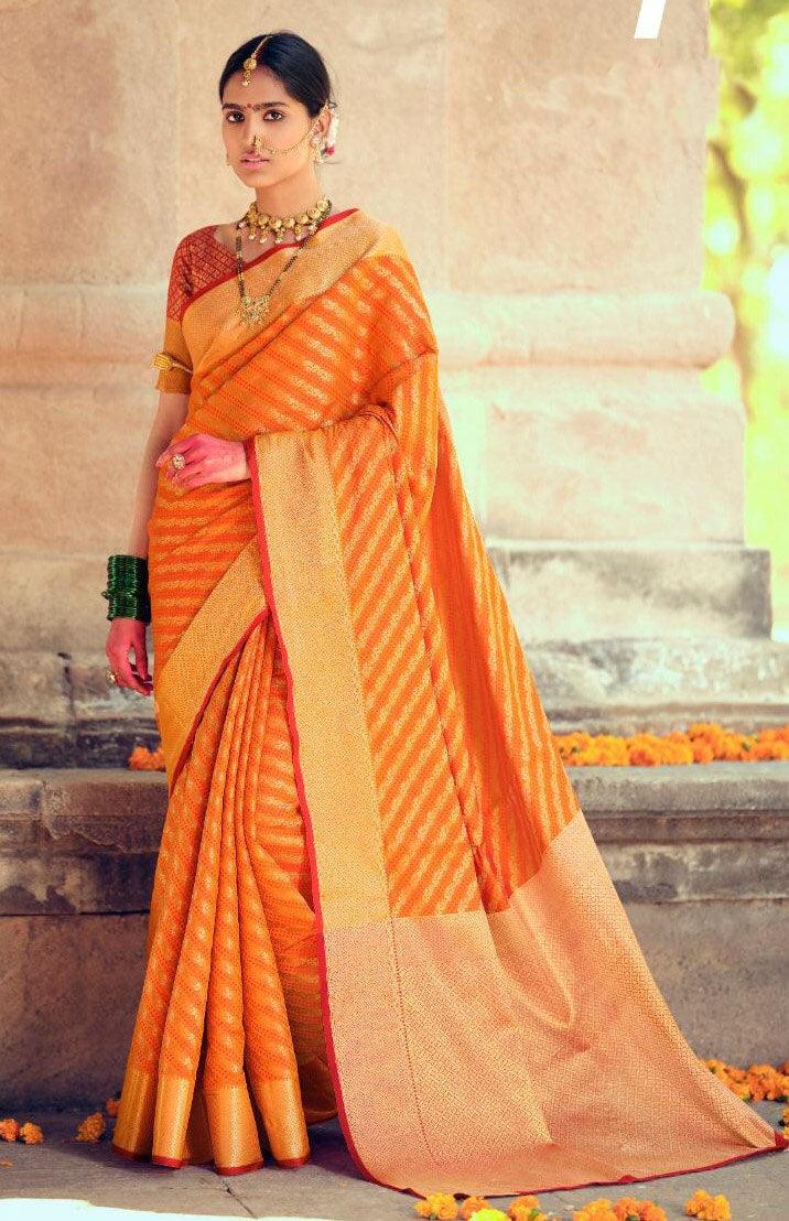 Designer Yellowish Orange Lehariya Weave Dupion Silk Saree DK05 - Ethnic's By Anvi Creations