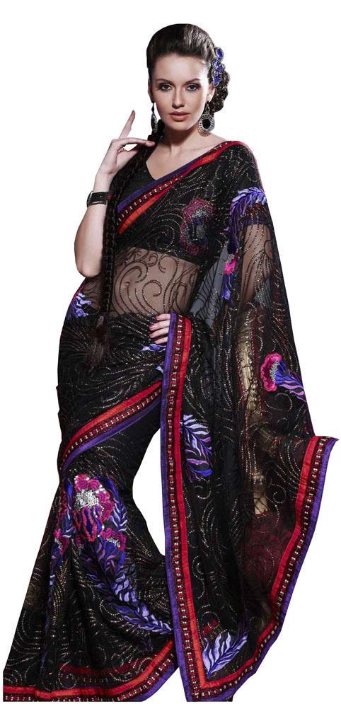 Designer Black Net Embroidered saree SC114-Anvi Creations-Designer Saree