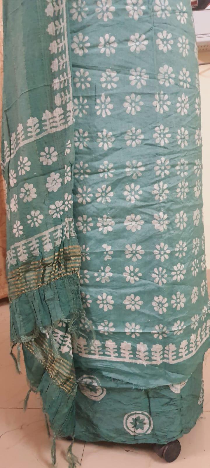 Turquoise Batik Cotton Silk Salwar kameez Dress material Ev04 - Ethnic's By Anvi Creations