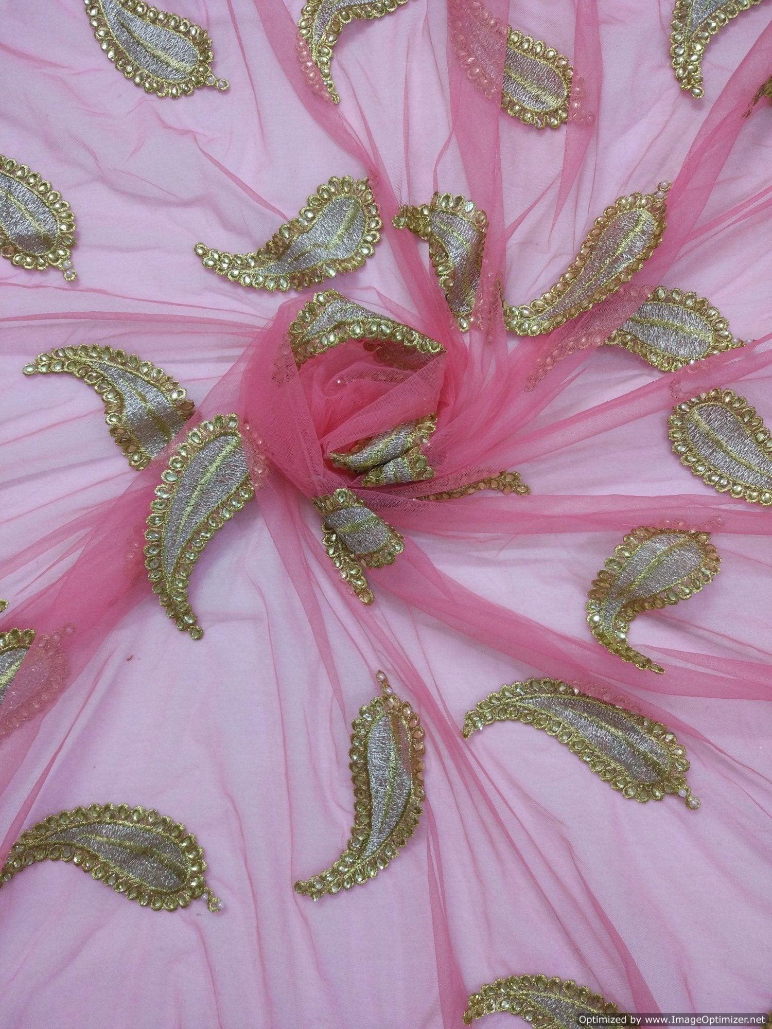 Designer Net Pink Zari stone Embroidered Fabric Pre Cut 2.5 Meters (255 Cms) FAB01-Anvi Creations-Fabric