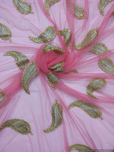 Charger l&#39;image dans la galerie, Designer Net Pink Zari stone Embroidered Fabric Pre Cut 2.5 Meters (255 Cms) FAB01-Anvi Creations-Fabric