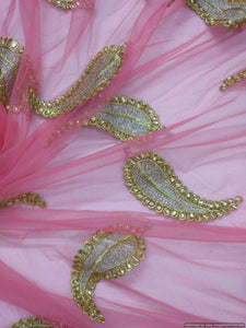 Designer Net Pink Zari stone Embroidered Fabric Pre Cut 2.5 Meters (255 Cms) FAB01-Anvi Creations-Fabric