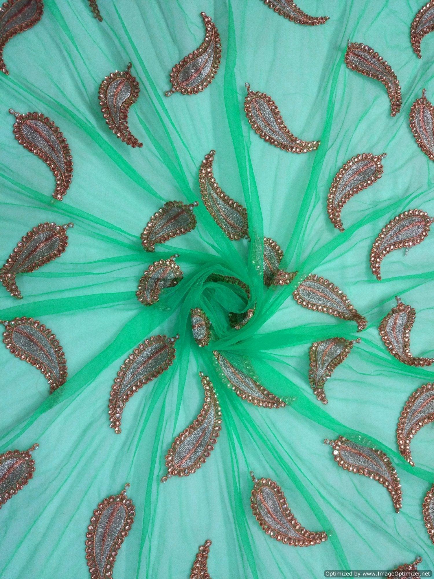 Designer Net Turquoise Zari stone Embroidered Fabric Pre Cut 2.5 Meters (255 Cms)FAB019-Anvi Creations-Fabric