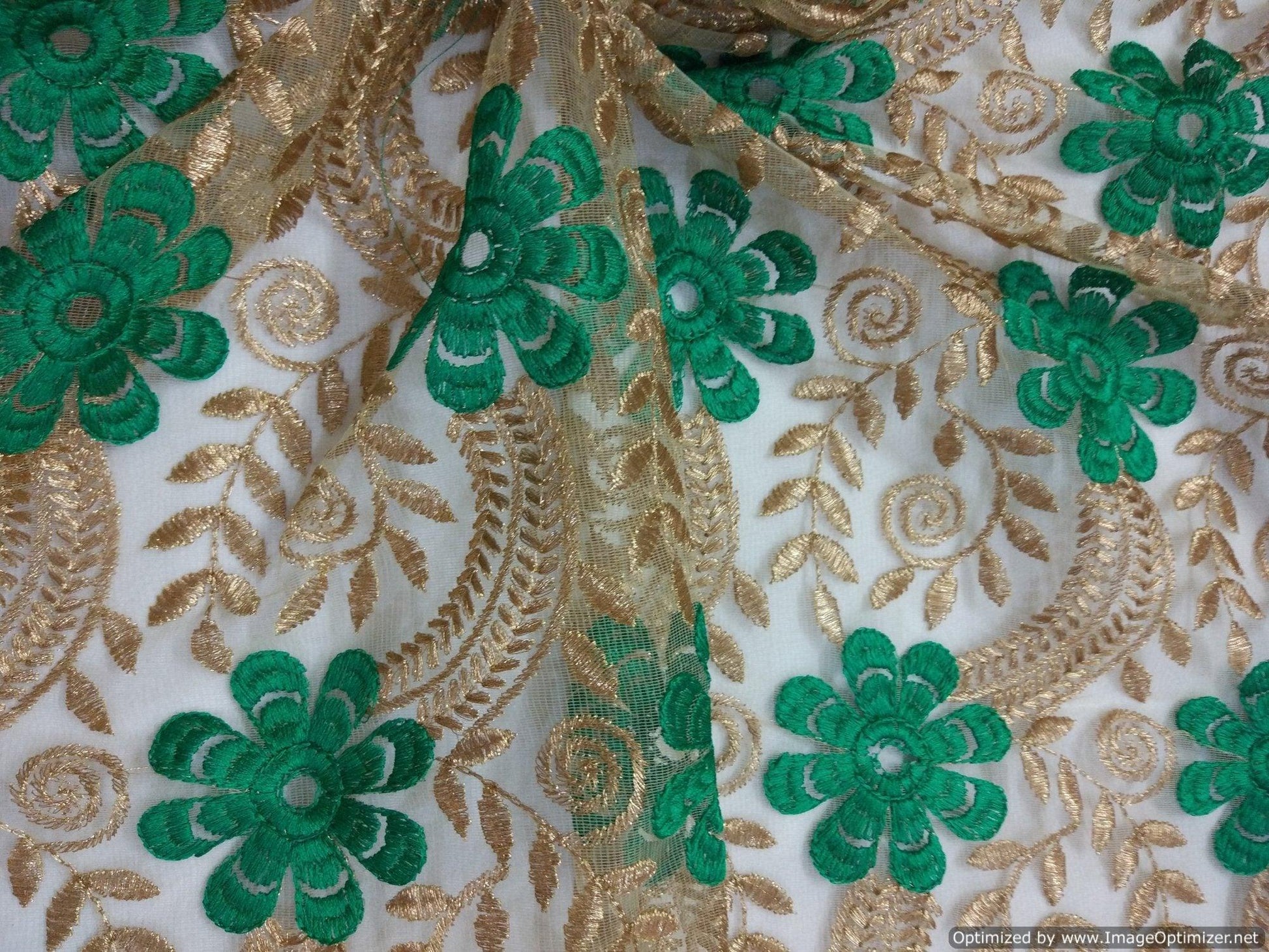 Designer Net Green Golden Sequin Embroidered Fabric for Blouse Crop top Pre Cut 1.0 Meter (102 Cms) FAB021-Anvi Creations-Fabric
