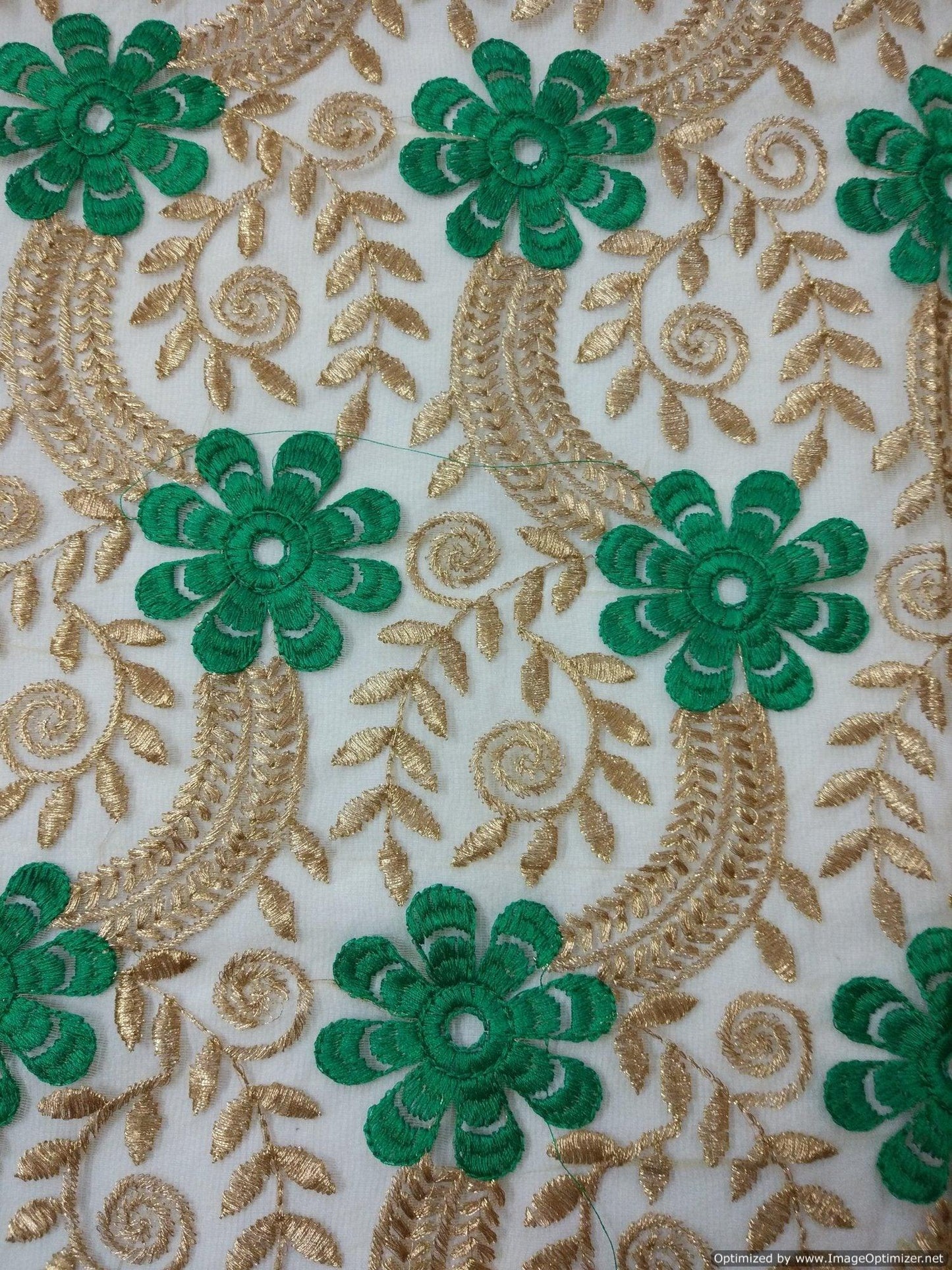 Designer Net Green Golden Sequin Embroidered Fabric for Blouse Crop top Pre Cut 1.0 Meter (102 Cms) FAB021-Anvi Creations-Fabric