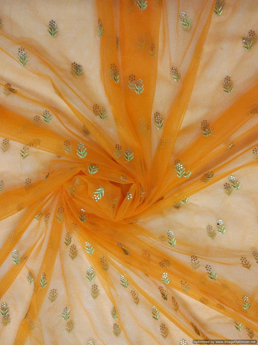 Designer Net Orange Zari Pasted Diamond Embroidered Fabric FAB031-Anvi Creations-Fabric