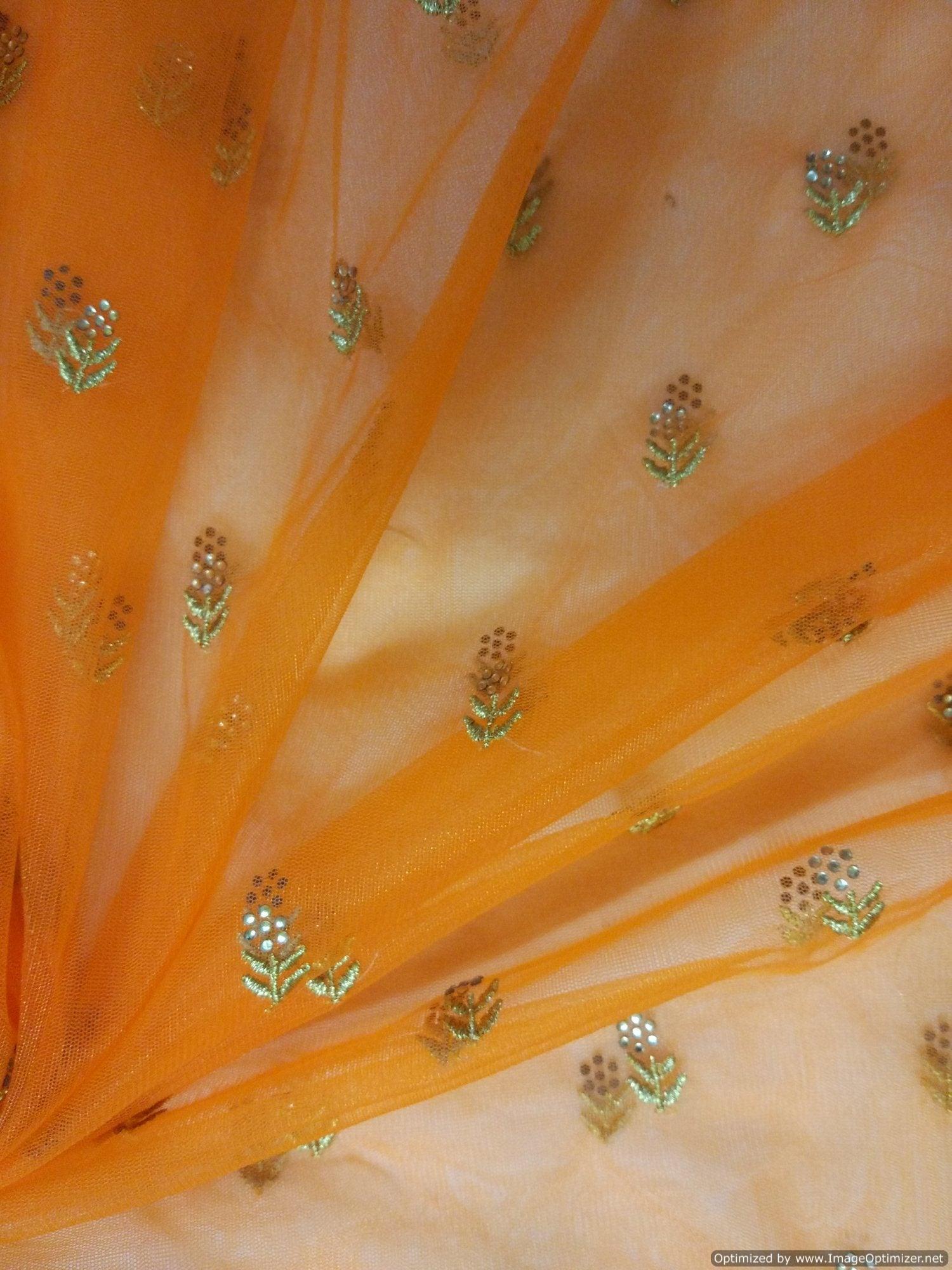 Designer Net Orange Zari Pasted Diamond Embroidered Fabric FAB031-Anvi Creations-Fabric