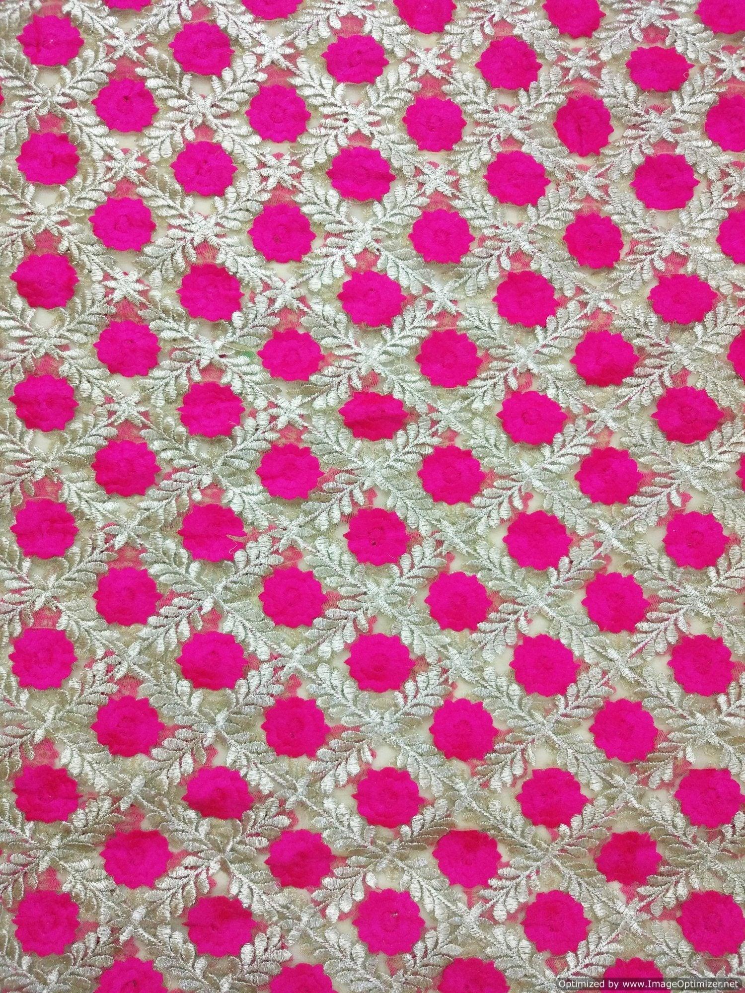 Designer Net Beige Pink Resham Embroidered Fabric Pre Cut 3 Meter FAB033-Anvi Creations-Fabric