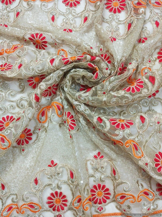 Designer Net Beige Orange Red Resham Sequin Jaal Embroidered Fabric Pre Cut 3 Meter FAB034-Anvi Creations-Fabric