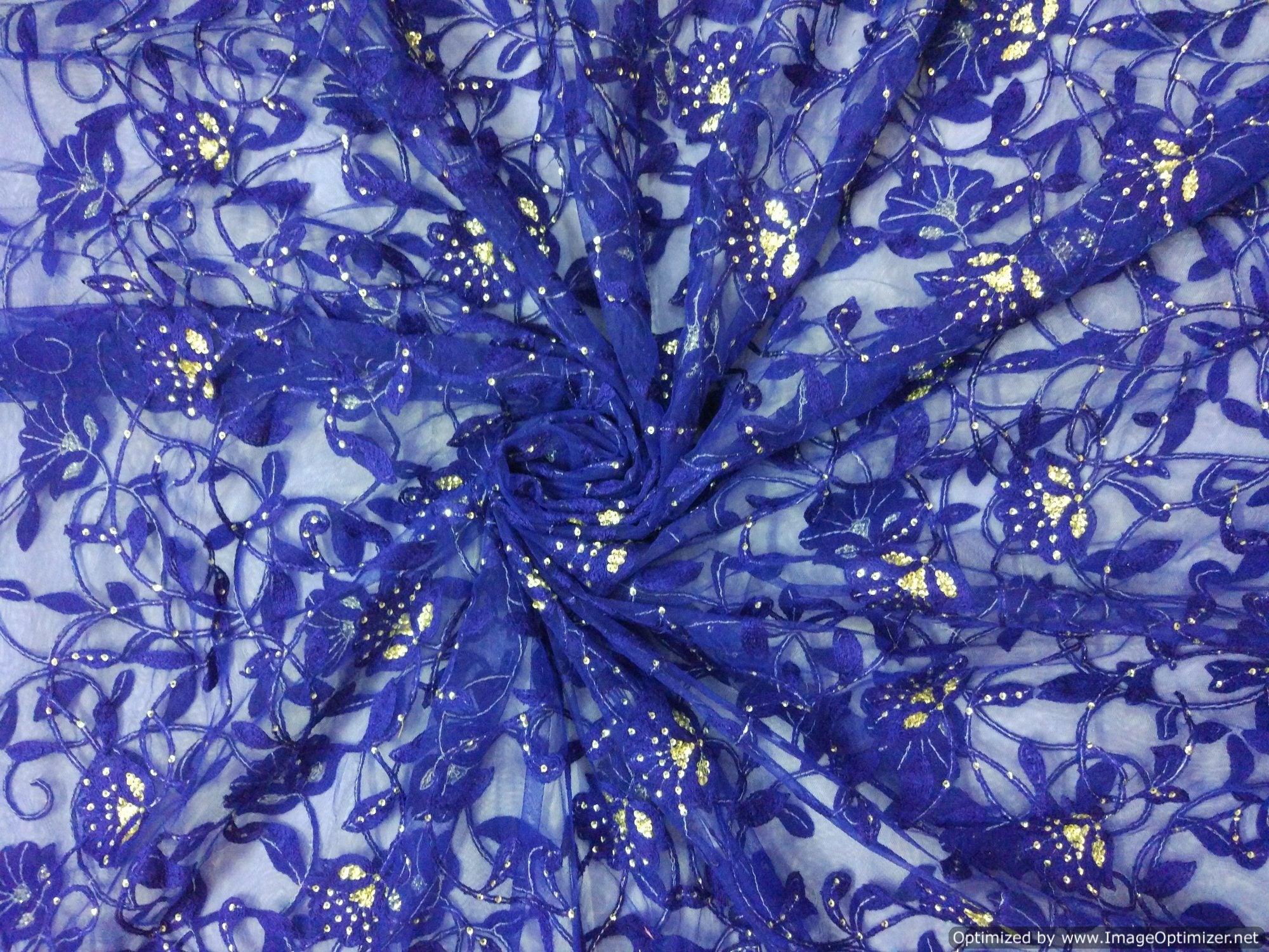 Designer Net Blue Resham Sequin Zaal work Embroidered Fabric Pre Cut 1 Meter FAB036-Anvi Creations-Fabric