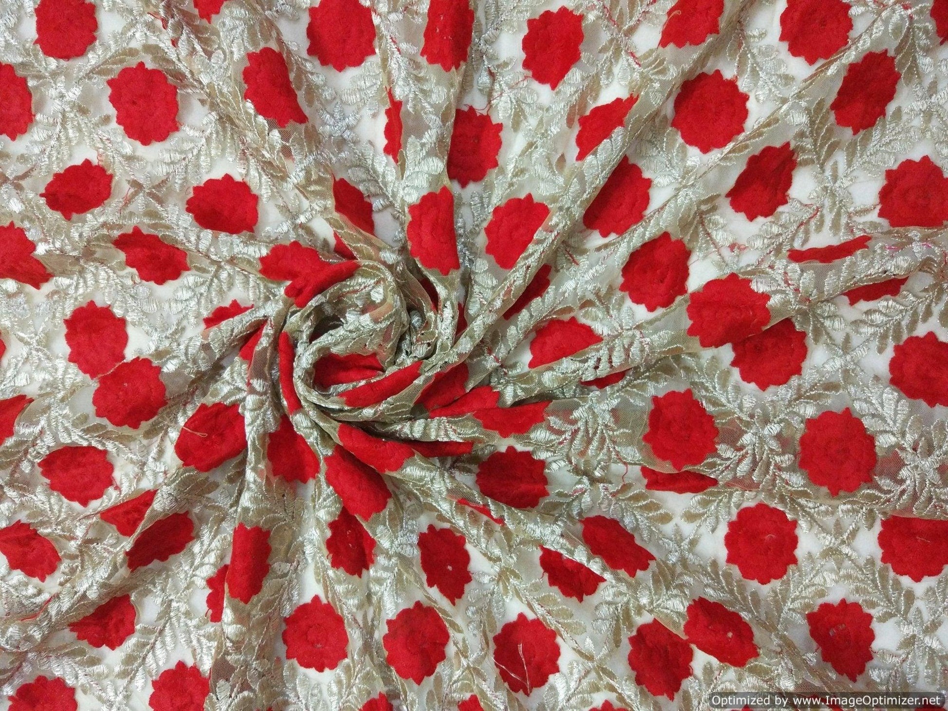 Designer net Beige Red Golden Floral Leaf Resham Embroidered Fabric Pre Cut 2 Meter FAB039-Anvi Creations-Fabric