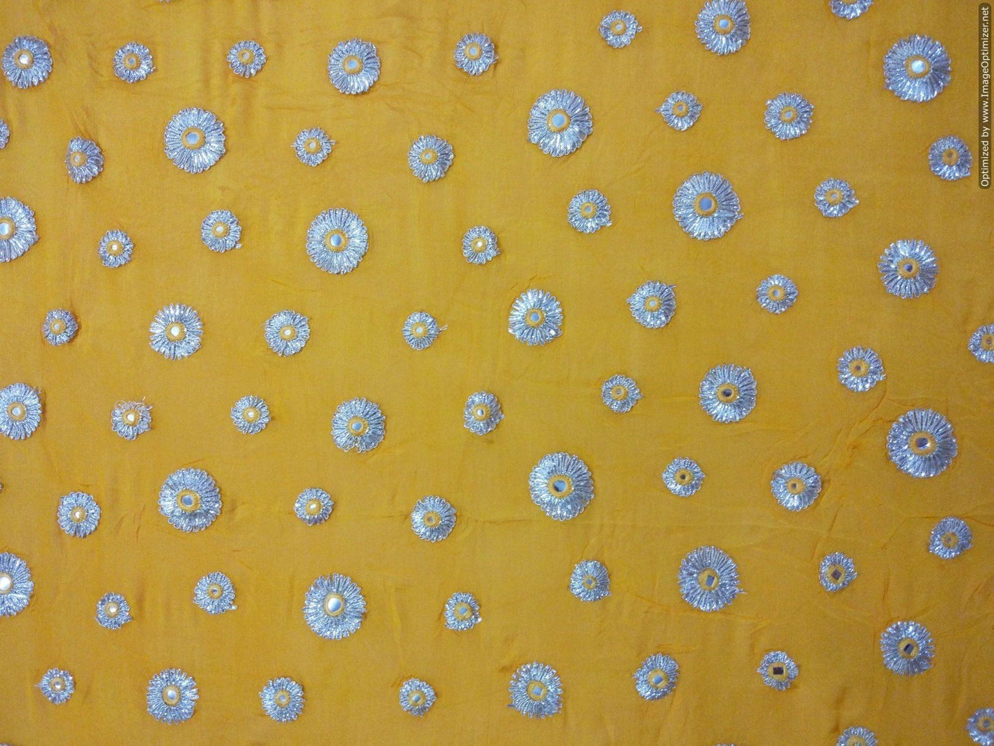 Designer Chinon Yellow Gotta faux Mirror embroidered Fabric FAB045-Anvi Creations-Fabric