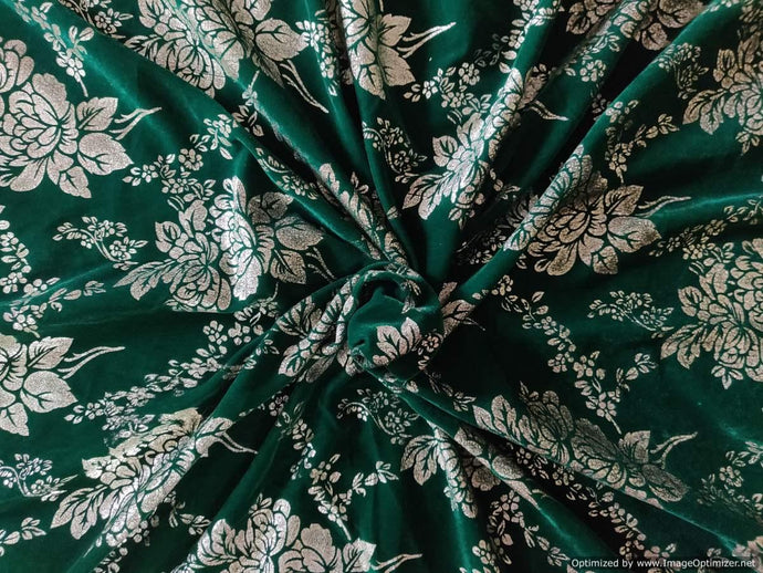 Green Floral Motif Foil Print Micro Velvet Fabric FAB128 - Ethnic's By Anvi Creations