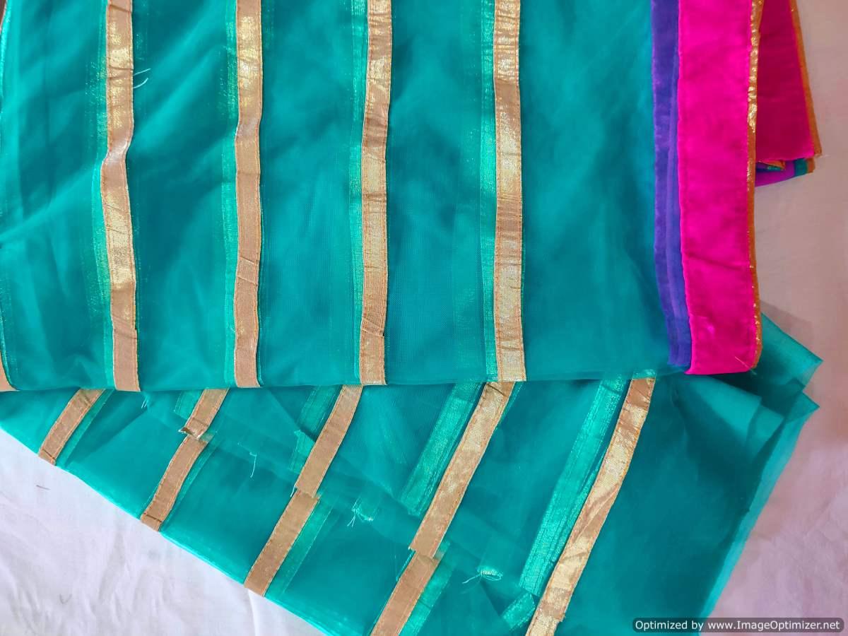 Designer Turquoise Net Gotta Striped Velvet Border Fabric Pre Cut 6 Meters FAB129 - Ethnic's By Anvi Creations