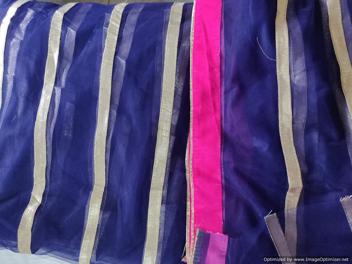 Designer Navy Blue Net Gotta Striped Velvet Border Fabric Pre Cut 6 Meters FAB133 - Ethnic's By Anvi Creations
