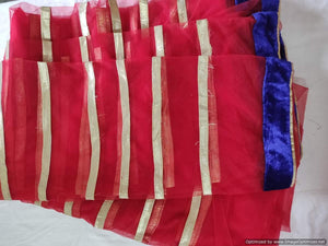 Designer Red Net Gotta Striped Velvet Border Fabric Pre Cut 6 Meters FAB139 - Ethnic's By Anvi Creations