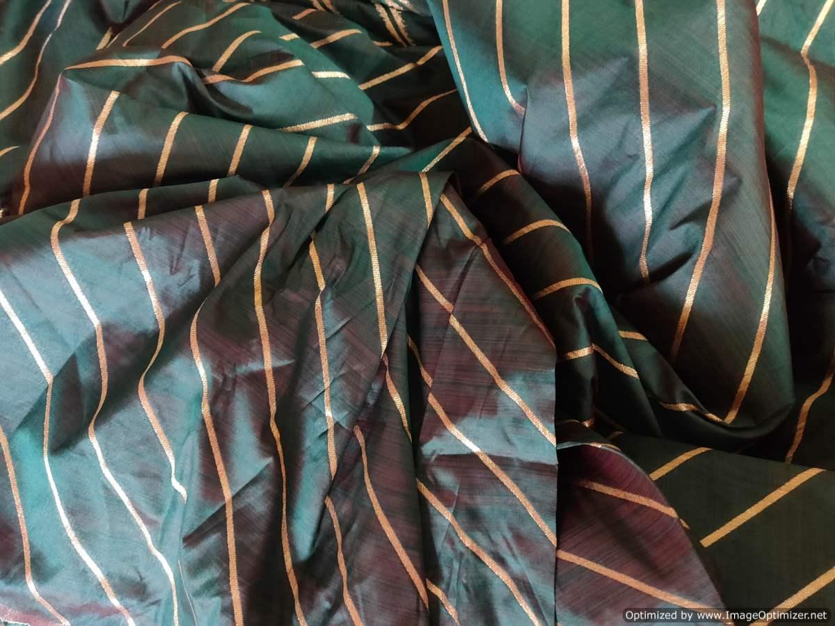 Designer Zari Striped Bottle Green Dupion Silk Fabric Precut 5.5 Meter FAB155 - Ethnic's By Anvi Creations