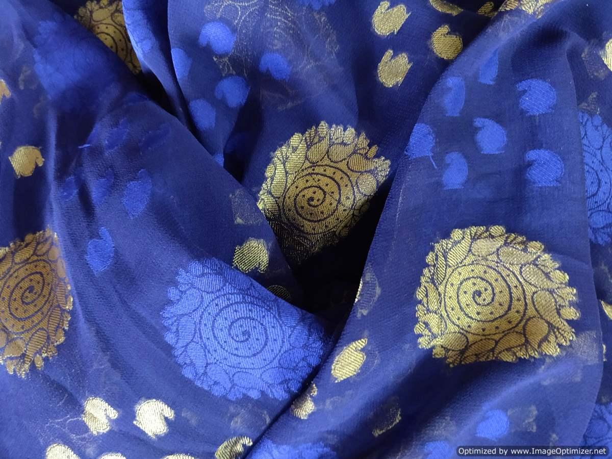 Blue Gold Weave Jequard Georgette Fabric Pre Cut 6 Meters FAB172 - Ethnic's By Anvi Creations
