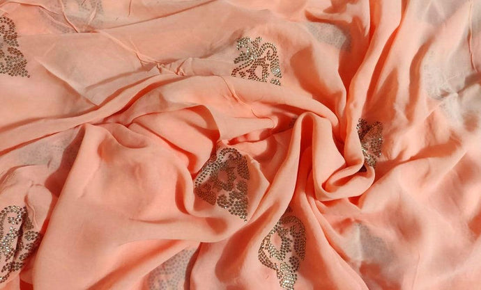 Peach Pasted Stone Work Georgette Fabric Pre Cut 5 Meters FAB198 - Ethnic's By Anvi Creations