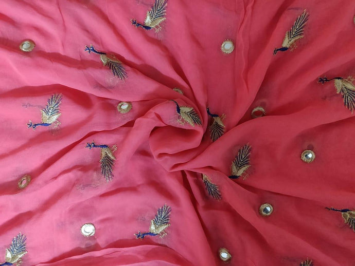 Pink Zari edge Peacock Motif Embroidered Georgette Fabric Pre Cut 5 Meters FAB215 - Ethnic's By Anvi Creations