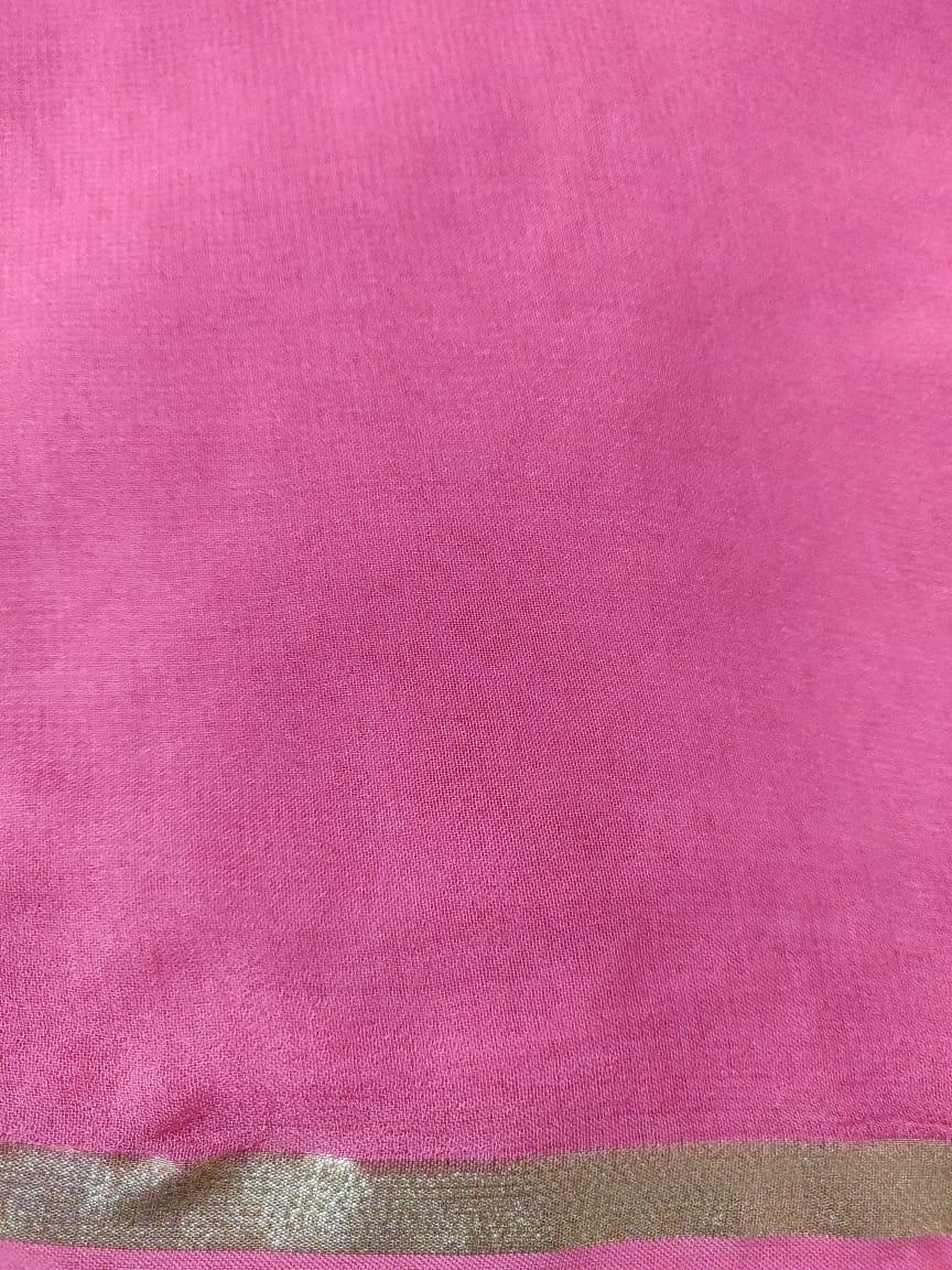 Zari Edge Plain Solid Pink Chiffon Fabric Pre Cut 5.5 Meters FAB217 - Ethnic's By Anvi Creations