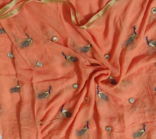 Charger l&#39;image dans la galerie, Peach Zari edge Peacock Motif Embroidered Georgette Fabric Pre Cut 5 Meters FAB220 - Ethnic&#39;s By Anvi Creations