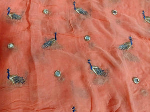Peach Zari edge Peacock Motif Embroidered Georgette Fabric Pre Cut 5 Meters FAB220 - Ethnic's By Anvi Creations